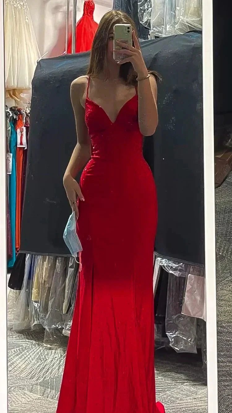 Elegant Red Mermaid Long Prom Dress V Neck Evening Dress Y422 by simplepromdress