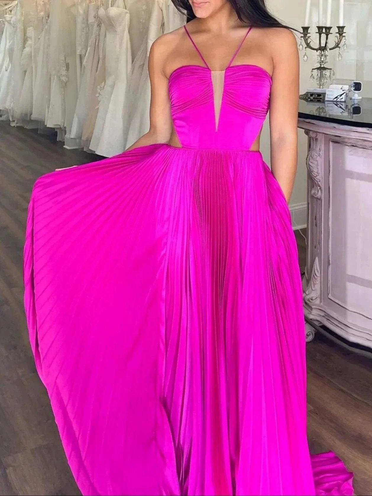 Kimia | A-Line Straps Royal Blue Pleated Chiffon Long Formal Dress with Bow Back by KissProm