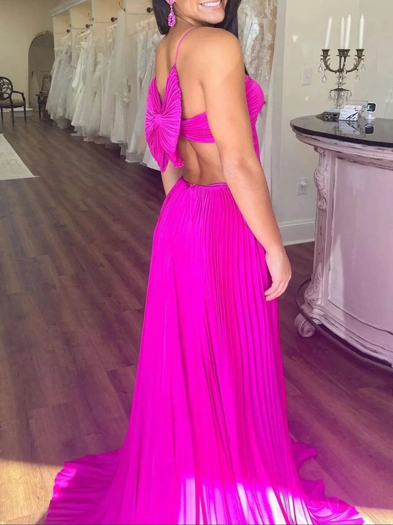 Kimia | A-Line Straps Royal Blue Pleated Chiffon Long Formal Dress with Bow Back by KissProm