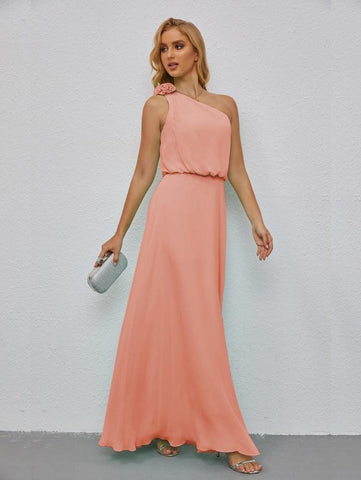 Ruffled One Shoulder Sleeveless Long Bridesmaid Dresses A-line Formal Evening Gown Side Split 28080