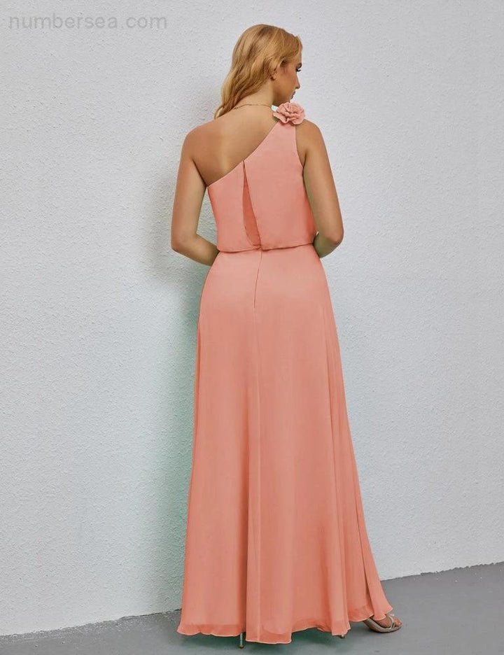Ruffled One Shoulder Sleeveless Long Bridesmaid Dresses A-line Formal Evening Gown Side Split 28080 by numbersea