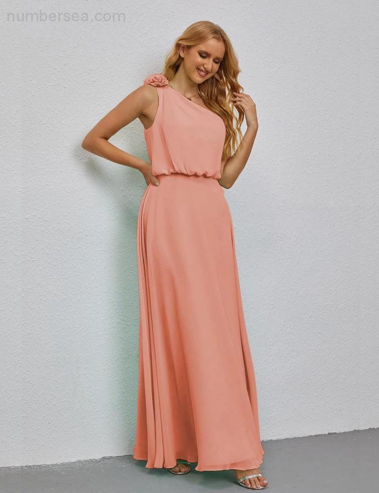 Ruffled One Shoulder Sleeveless Long Bridesmaid Dresses A-line Formal Evening Gown Side Split 28080 by numbersea