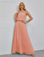 Ruffled One Shoulder Sleeveless Long Bridesmaid Dresses A-line Formal Evening Gown Side Split 28080 by numbersea