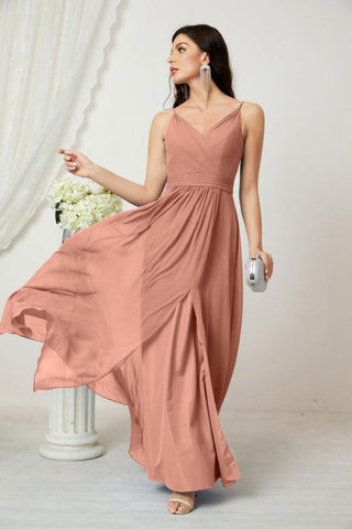 Numbersea Chiffon V-Neck Bridesmaid Dress Spaghetti Strap Long Formal Party Prom Gowns with Slit 28010