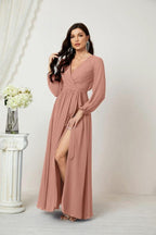 Sunnderly Evening Dresses Deep V-Neck Chiffon Bridesmaid Dresses Long Bishop Sleeve Side Split Formal Dress SY2806 by numbersea