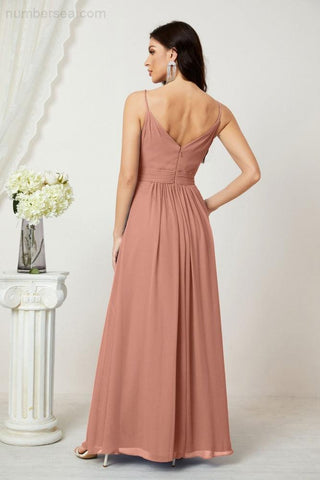 Numbersea Chiffon V-Neck Bridesmaid Dress Spaghetti Strap Long Formal Party Prom Gowns with Slit 28010