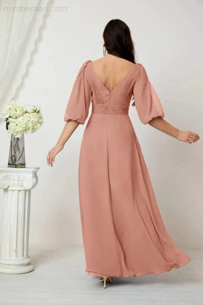 Numbersea Formal Prom Gown Women V-Neck Chiffon Bridesmaid Dresses Long Bishop Sleeve Party Dress 2807 by numbersea