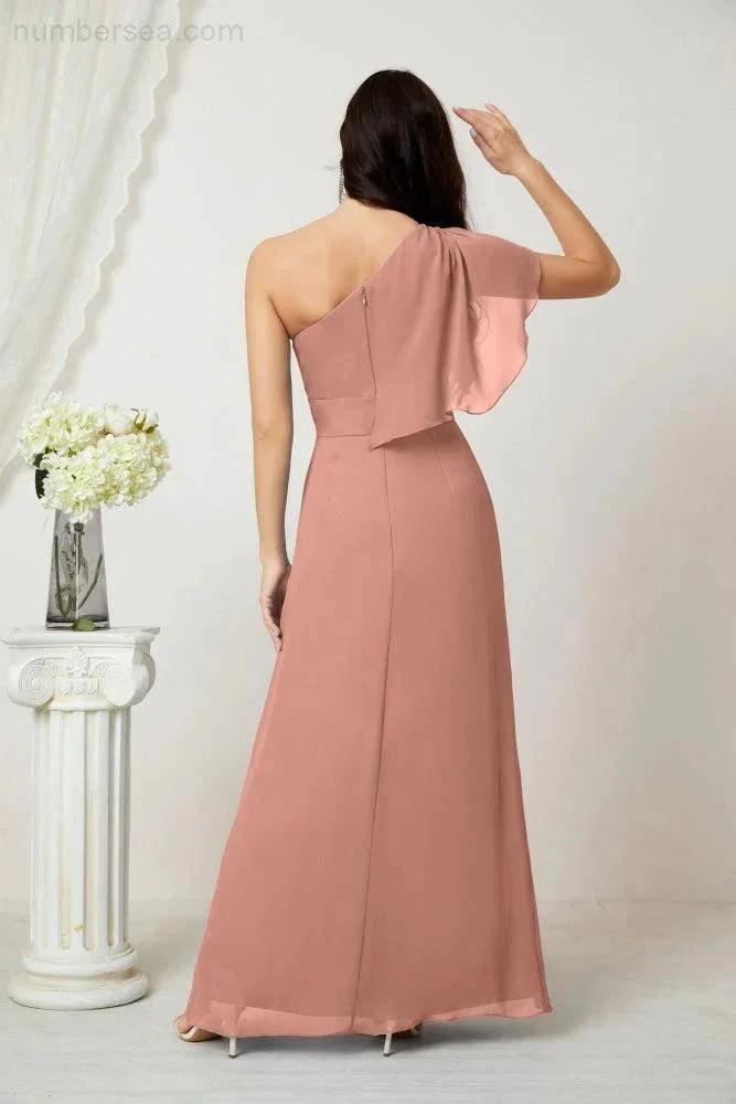 Numbersea Chiffon Ruffled One Shoulder Long Bridesmaid Dresses A-line Formal Evening Gown Side Split 2809 by numbersea