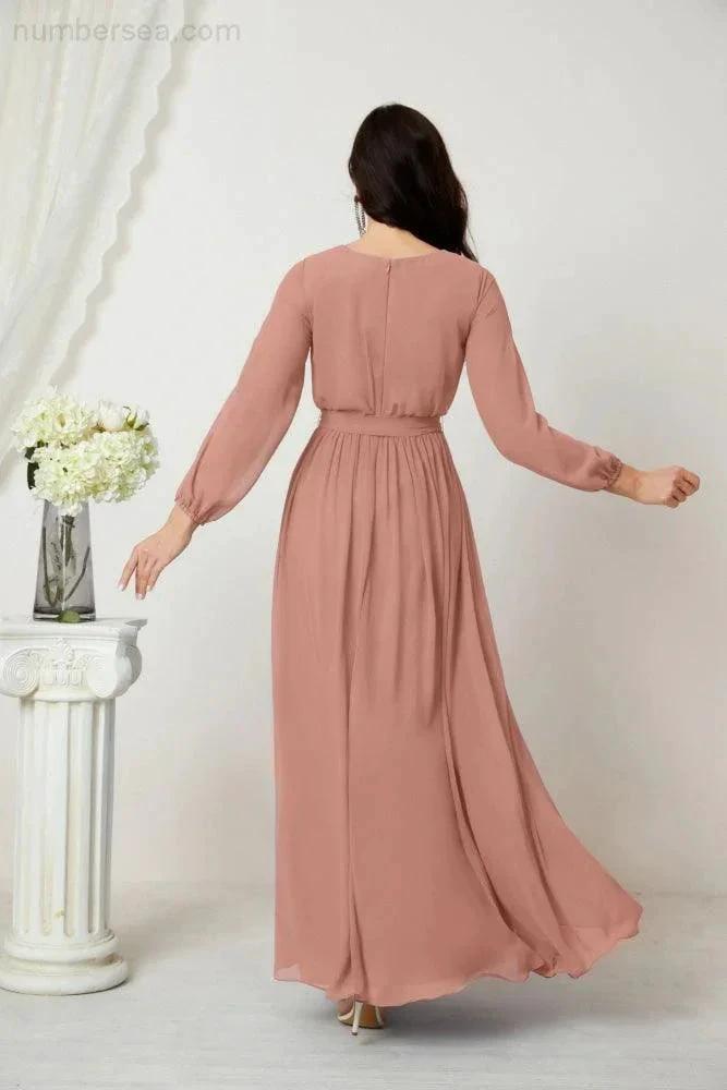 Sunnderly Evening Dresses Deep V-Neck Chiffon Bridesmaid Dresses Long Bishop Sleeve Side Split Formal Dress SY2806 by numbersea
