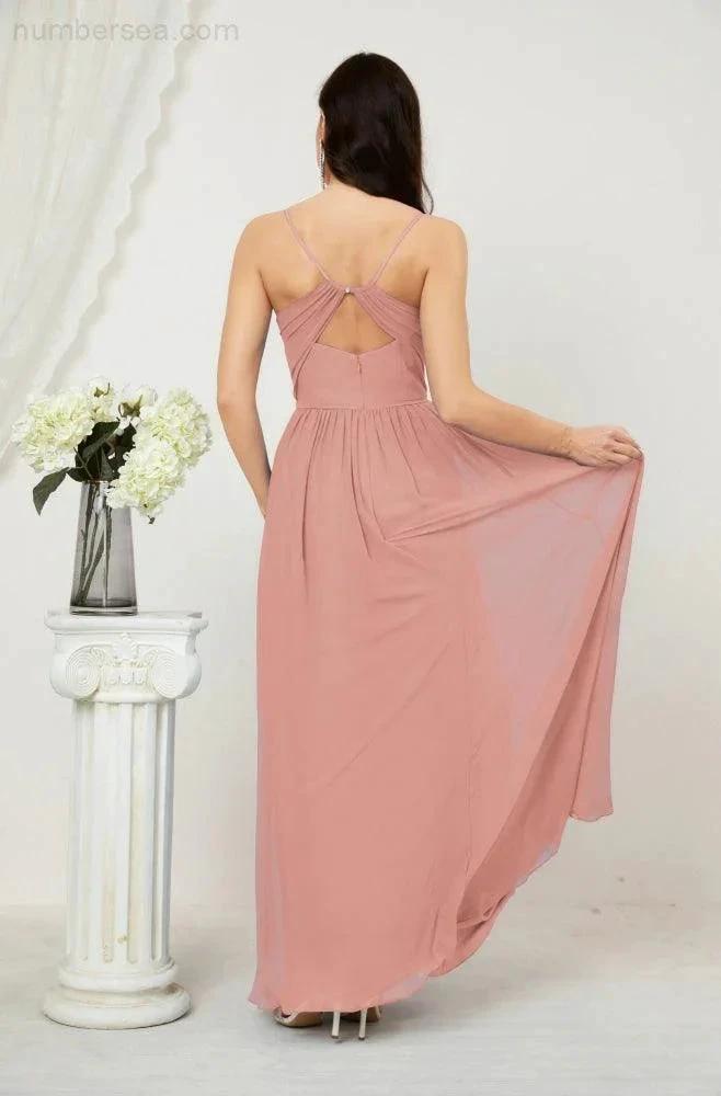 Numbersea Neck Bridesmaid Dresses Chiffon Long Spaghetti A-line Formal Prom Gown for Wedding Party Evening 2801 by numbersea