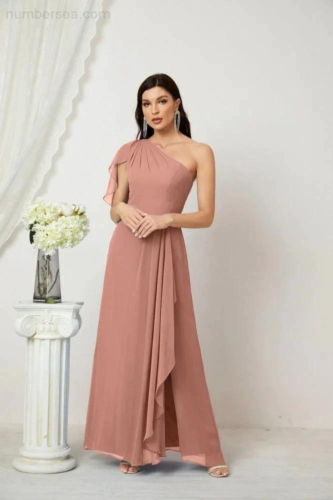 Numbersea Chiffon Ruffled One Shoulder Long Bridesmaid Dresses A-line Formal Evening Gown Side Split 2809 by numbersea