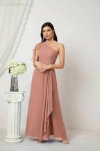 Numbersea Chiffon Ruffled One Shoulder Long Bridesmaid Dresses A-line Formal Evening Gown Side Split 2809 by numbersea