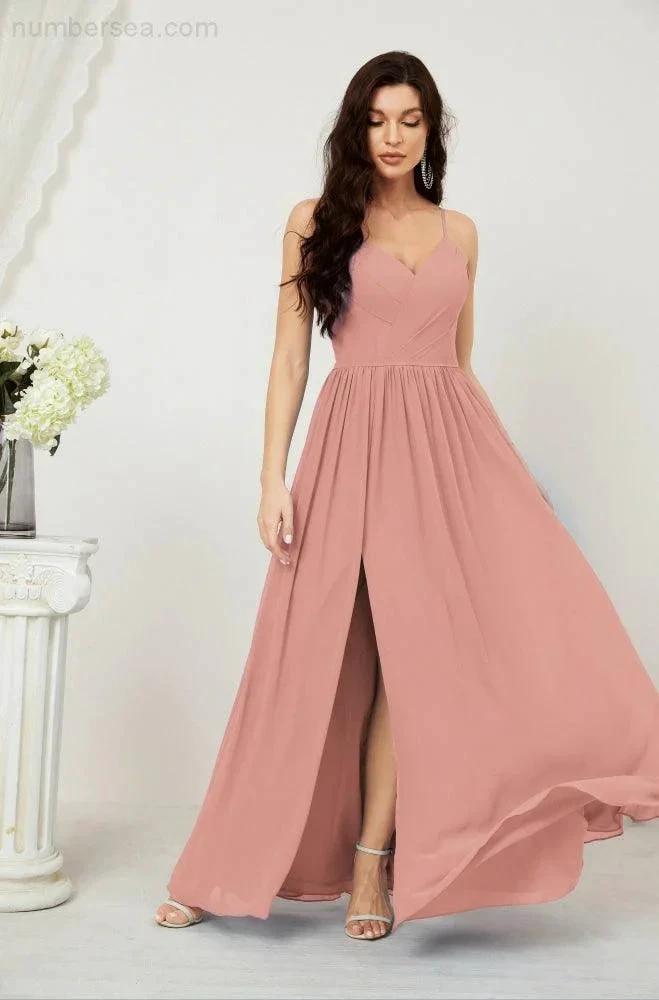 Numbersea Neck Bridesmaid Dresses Chiffon Long Spaghetti A-line Formal Prom Gown for Wedding Party Evening 2801 by numbersea