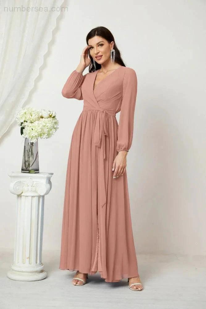 Sunnderly Evening Dresses Deep V-Neck Chiffon Bridesmaid Dresses Long Bishop Sleeve Side Split Formal Dress SY2806 by numbersea