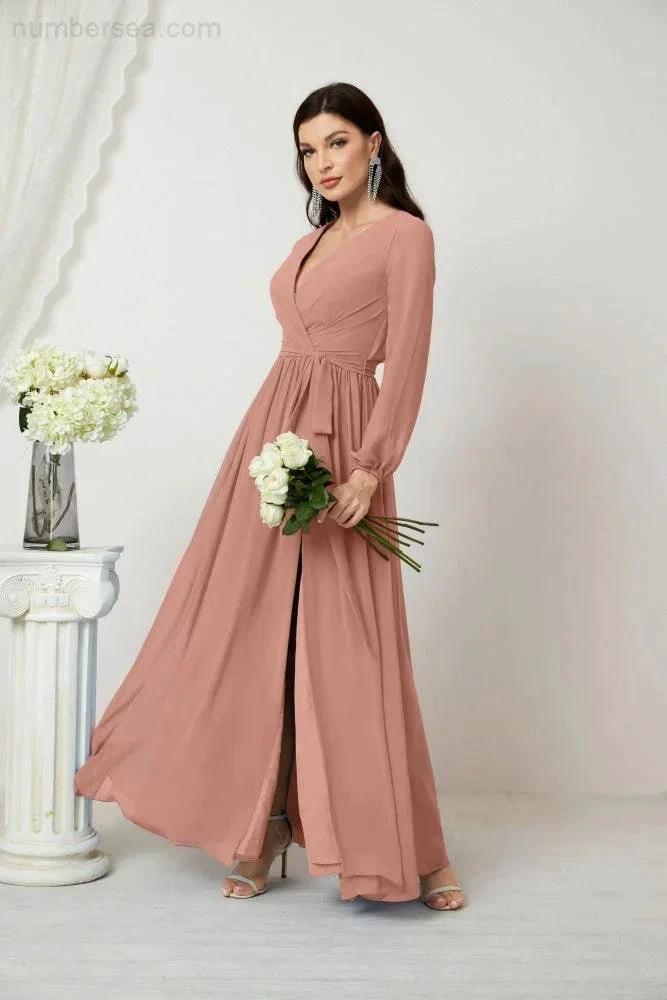 Sunnderly Evening Dresses Deep V-Neck Chiffon Bridesmaid Dresses Long Bishop Sleeve Side Split Formal Dress SY2806 by numbersea