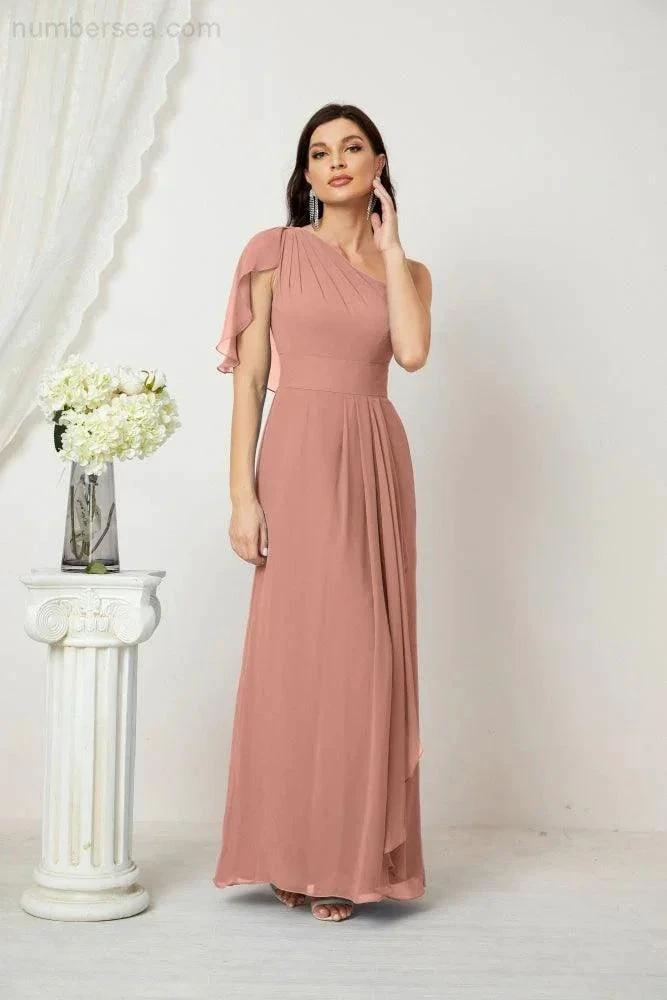 Numbersea Chiffon Ruffled One Shoulder Long Bridesmaid Dresses A-line Formal Evening Gown Side Split 2809 by numbersea
