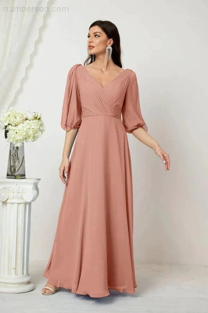 Numbersea Formal Prom Gown Women V-Neck Chiffon Bridesmaid Dresses Long Bishop Sleeve Party Dress 2807 by numbersea