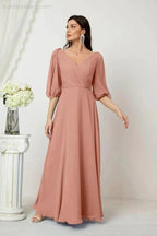 Numbersea Formal Prom Gown Women V-Neck Chiffon Bridesmaid Dresses Long Bishop Sleeve Party Dress 2807 by numbersea