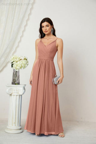 Numbersea Chiffon V-Neck Bridesmaid Dress Spaghetti Strap Long Formal Party Prom Gowns with Slit 28010