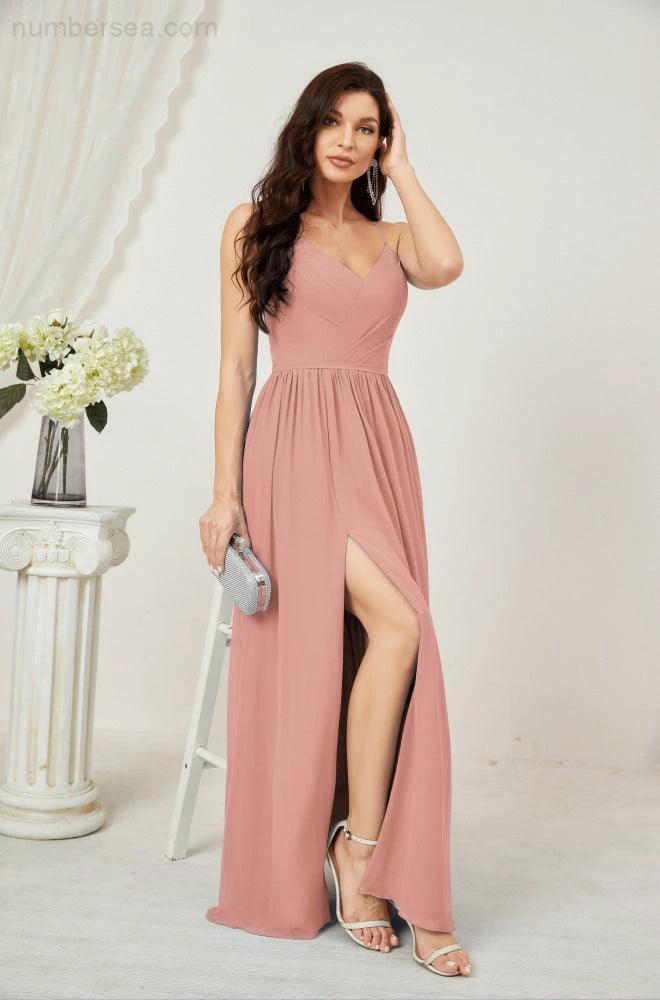Numbersea Neck Bridesmaid Dresses Chiffon Long Spaghetti A-line Formal Prom Gown for Wedding Party Evening 2801 by numbersea