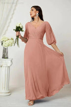 Numbersea Formal Prom Gown Women V-Neck Chiffon Bridesmaid Dresses Long Bishop Sleeve Party Dress 2807 by numbersea