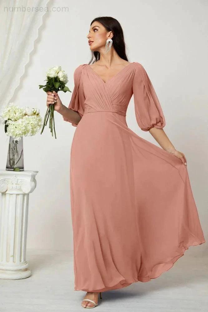 Numbersea Formal Prom Gown Women V-Neck Chiffon Bridesmaid Dresses Long Bishop Sleeve Party Dress 2807 by numbersea