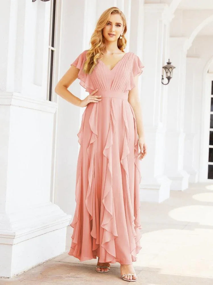 Robes de demoiselle d'honneur à volants avec manches Robe longue de soirée formelle 28041