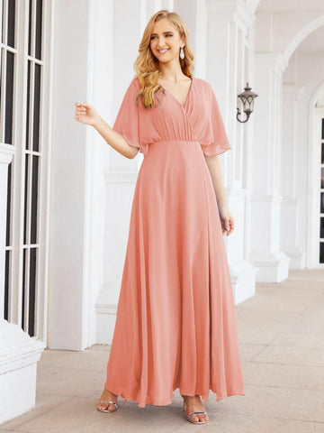 Numbersea V-Neck Bridesmaid Dress Chiffon Long Open Back Formal Dresses for Women Party Evening 28067