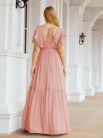 Numbersea Women's Open Back Formal Evening Party Prom Gowns V-Neck Long Chiffon Bridesmaid Dresses with Waist Belt 28038