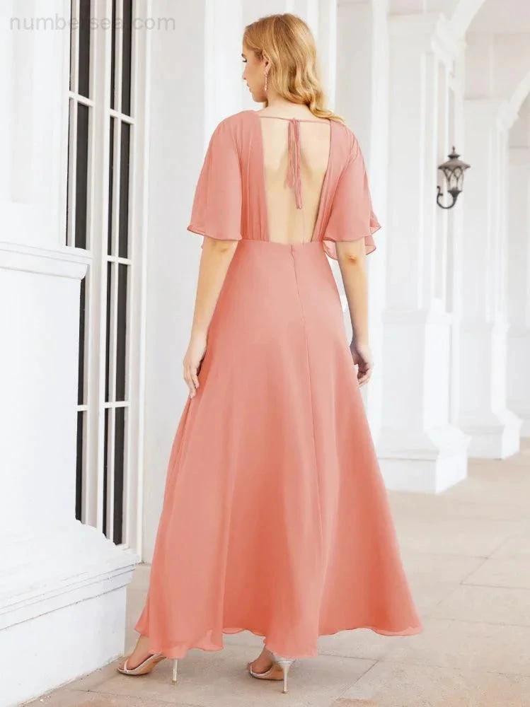 Numbersea V-Neck Bridesmaid Dress Chiffon Long Open Back Formal Dresses for Women Party Evening 28067 by numbersea