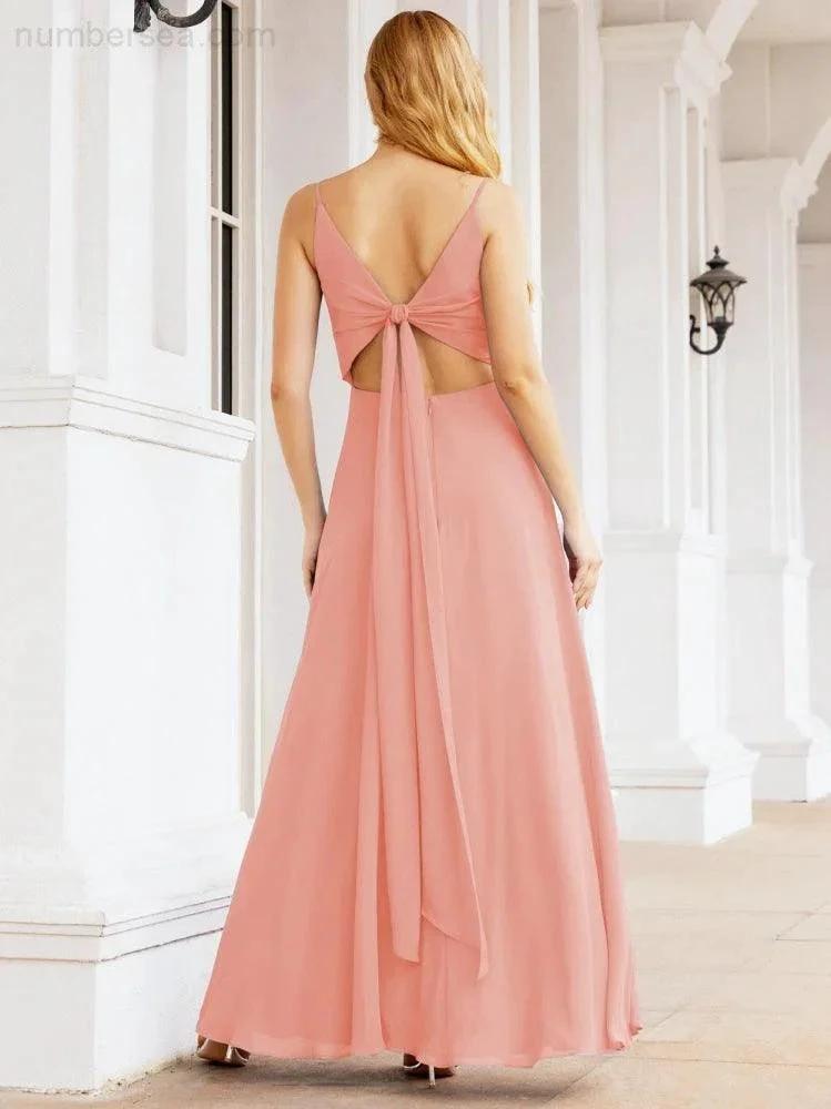 Numbersea Spaghetti Strap Bridesmaid Dresses V Neck Butterfly Back Fromal Evening Party Prom Gown 28036 by numbersea