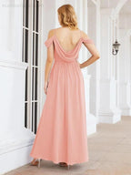 Numbersea Off The Shoulder Chiffon Bridesmaid Dress Long Formal Graduation Gown with Cowl Back 28069 by numbersea