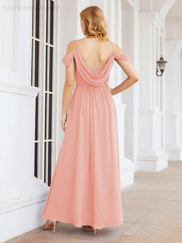 Numbersea Off The Shoulder Chiffon Bridesmaid Dress Long Formal Graduation Gown with Cowl Back 28069