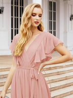 Numbersea Women's Open Back Formal Evening Party Prom Gowns V-Neck Long Chiffon Bridesmaid Dresses with Waist Belt 28038 by numbersea