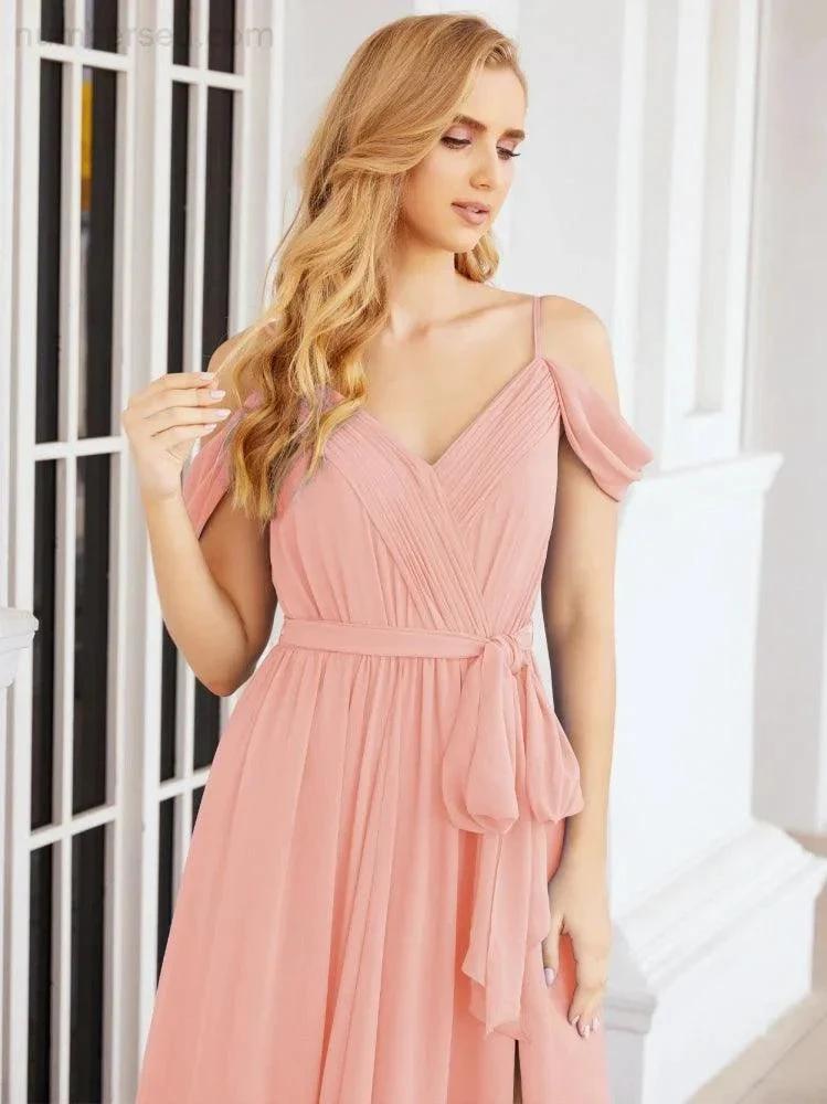 Numbersea Off The Shoulder Chiffon Bridesmaid Dress Long Formal Graduation Gown with Cowl Back 28069 by numbersea