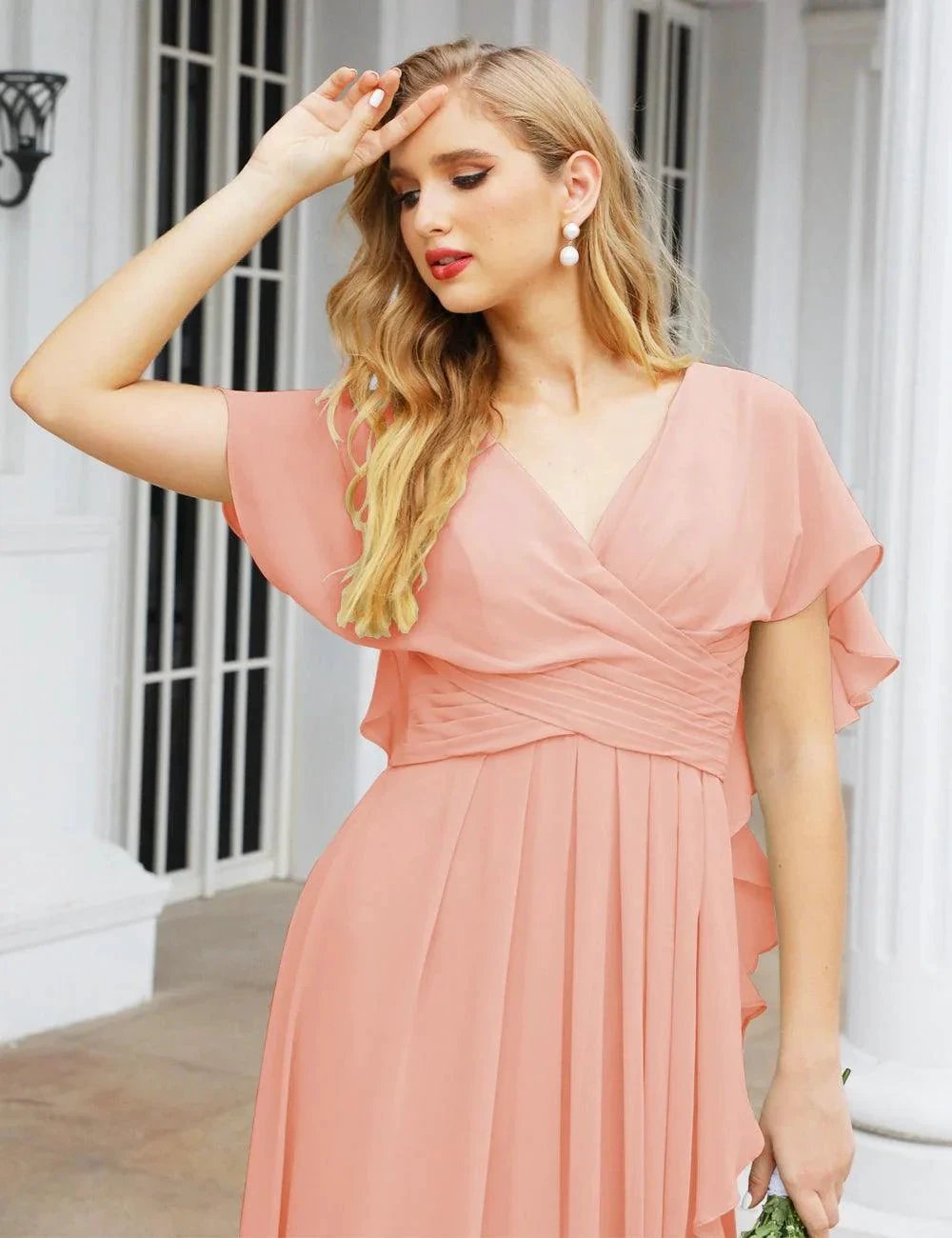 Numbersea Chiffon Bridesmaid Dresses Long Formal Evening Prom Mother of The Bride Dress with Flutter Sleeve SEA28040 by numbersea