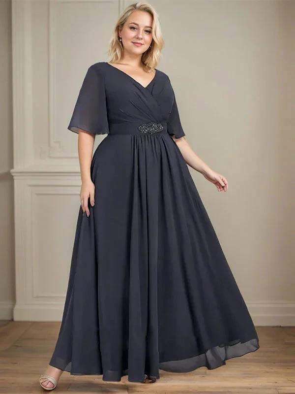 A-line V-Neck Ankle-Length Chiffon Mother of the Bride Dress With Pleated Beading Sequins by Dreamylily