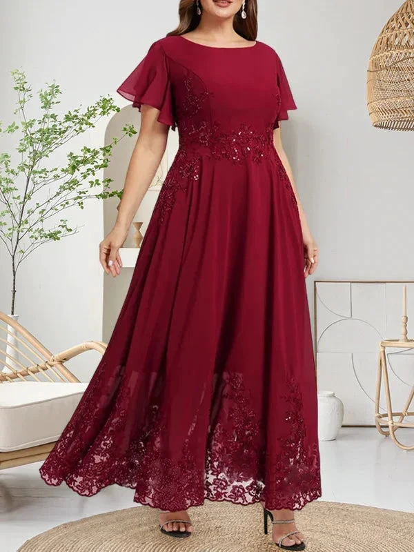 A-Linie U-Ausschnitt Knöchellang Spitzen-Chiffon-Kleid für die Brautmutter mit Pailletten