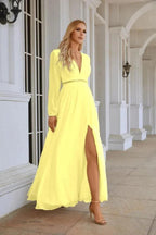 Ladies V Neck Chiffon Long Sleeve Front Slit Bridesmaid Evening Dress Wedding Party Shopping Evening Dress 28109 by numbersea