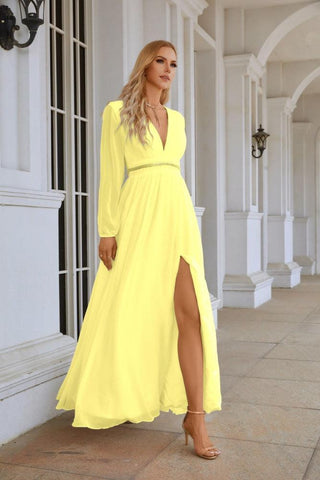 Ladies V Neck Chiffon Long Sleeve Front Slit Bridesmaid Evening Dress Wedding Party Shopping Evening Dress 28109