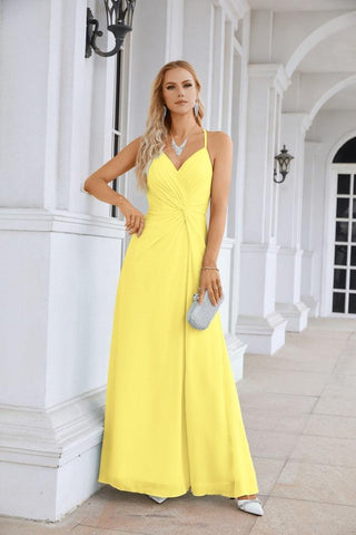 Ladies Chiffon Spaghetti Strap V Neck Front Slit Floor Length Bridesmaid Evening Dress Prom Party Wedding Evening Dress 28116