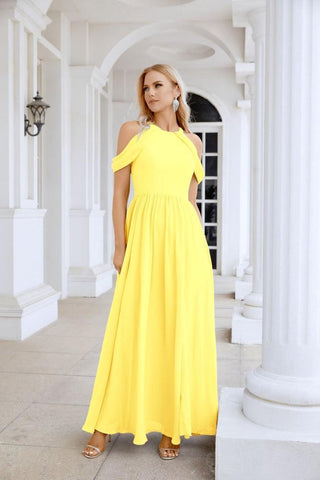 Ladies Chiffon Off Shoulder Swing Sleeve Front Slit Bridesmaid Evening Dress Wedding Party Evening Dress 28117