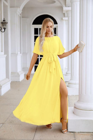 Ladies Chiffon Sleeve Crew Neck Front Slit Floor Length Bridesmaid Evening Dress Wedding Party Evening Dress 28124