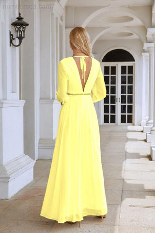 Ladies V Neck Chiffon Long Sleeve Front Slit Bridesmaid Evening Dress Wedding Party Shopping Evening Dress 28109