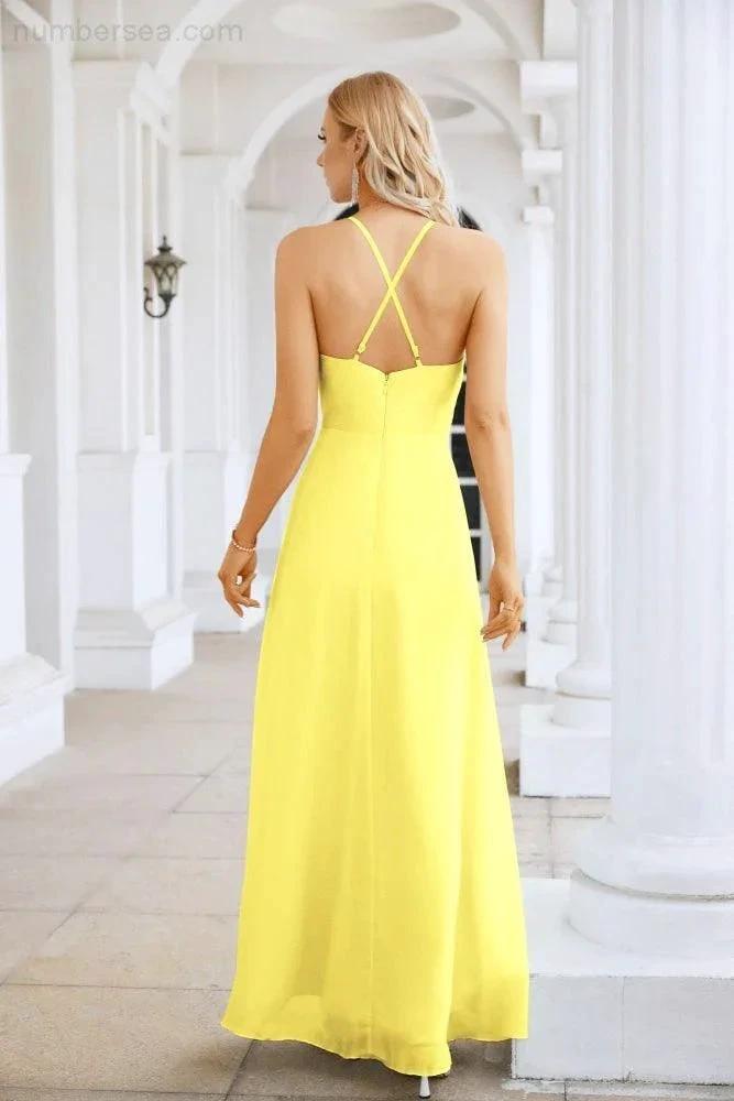 Ladies Chiffon Spaghetti Strap V Neck Front Slit Floor Length Bridesmaid Evening Dress Prom Party Wedding Evening Dress 28116 by numbersea