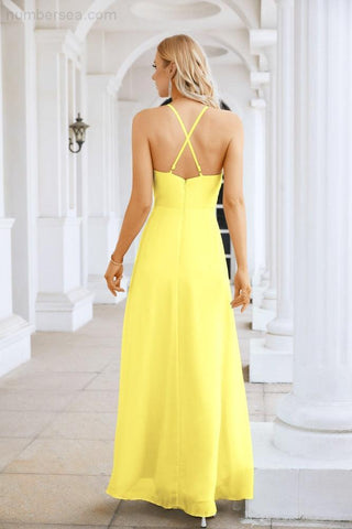 Ladies Chiffon Spaghetti Strap V Neck Front Slit Floor Length Bridesmaid Evening Dress Prom Party Wedding Evening Dress 28116