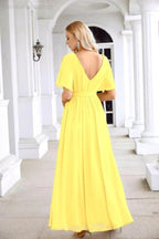 Ladies Chiffon Sleeve Crew Neck Front Slit Floor Length Bridesmaid Evening Dress Wedding Party Evening Dress 28124 by numbersea