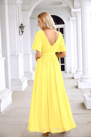 Ladies Chiffon Sleeve Crew Neck Front Slit Floor Length Bridesmaid Evening Dress Wedding Party Evening Dress 28124