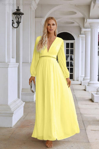 Ladies V Neck Chiffon Long Sleeve Front Slit Bridesmaid Evening Dress Wedding Party Shopping Evening Dress 28109