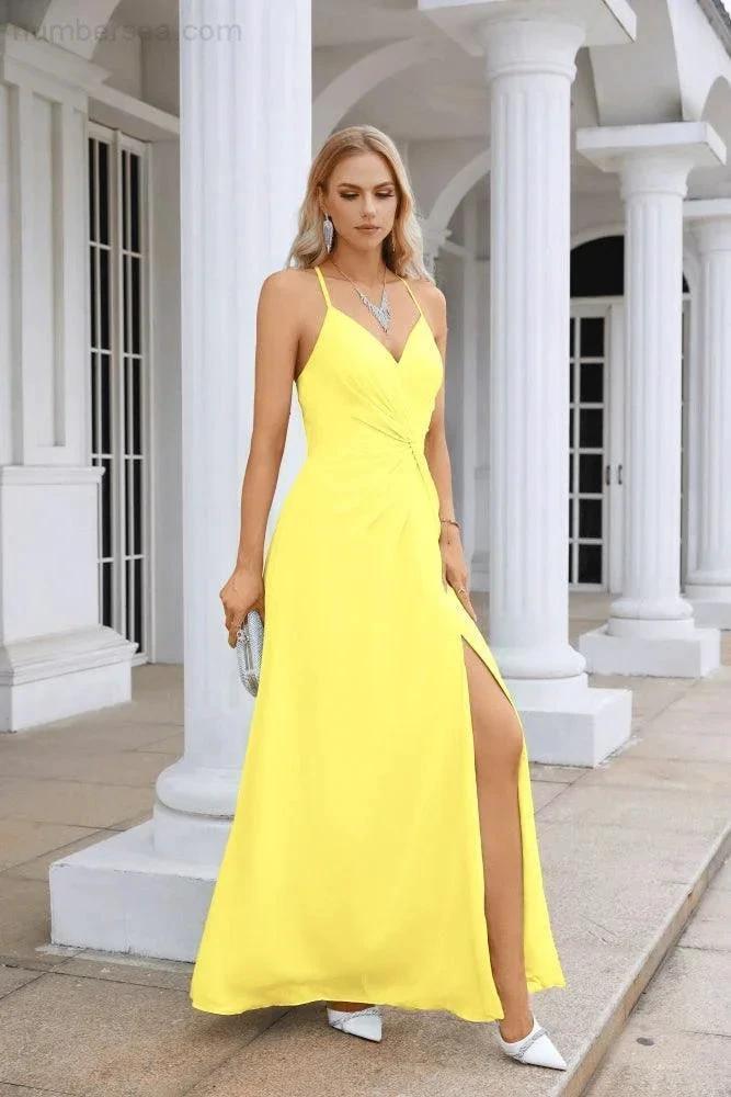 Ladies Chiffon Spaghetti Strap V Neck Front Slit Floor Length Bridesmaid Evening Dress Prom Party Wedding Evening Dress 28116 by numbersea